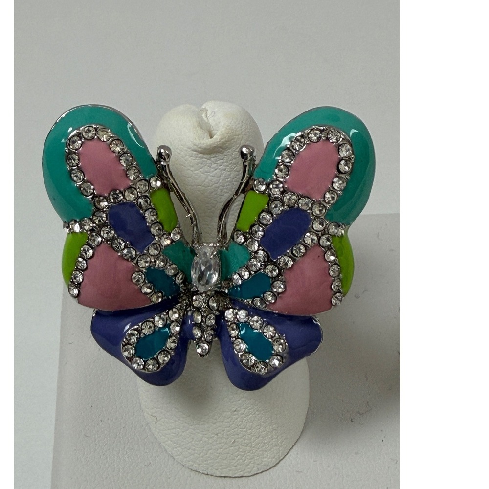 Butterfly Statement Ring Womens Adjustable Multicolor Enamel Rhinestone Cocktail
